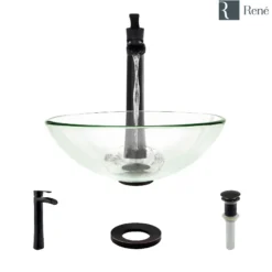 Rene 17" Round Glass Bathroom Sink, Crystal, with Faucet, R5-5001-CRY-R9-7007-ABR
