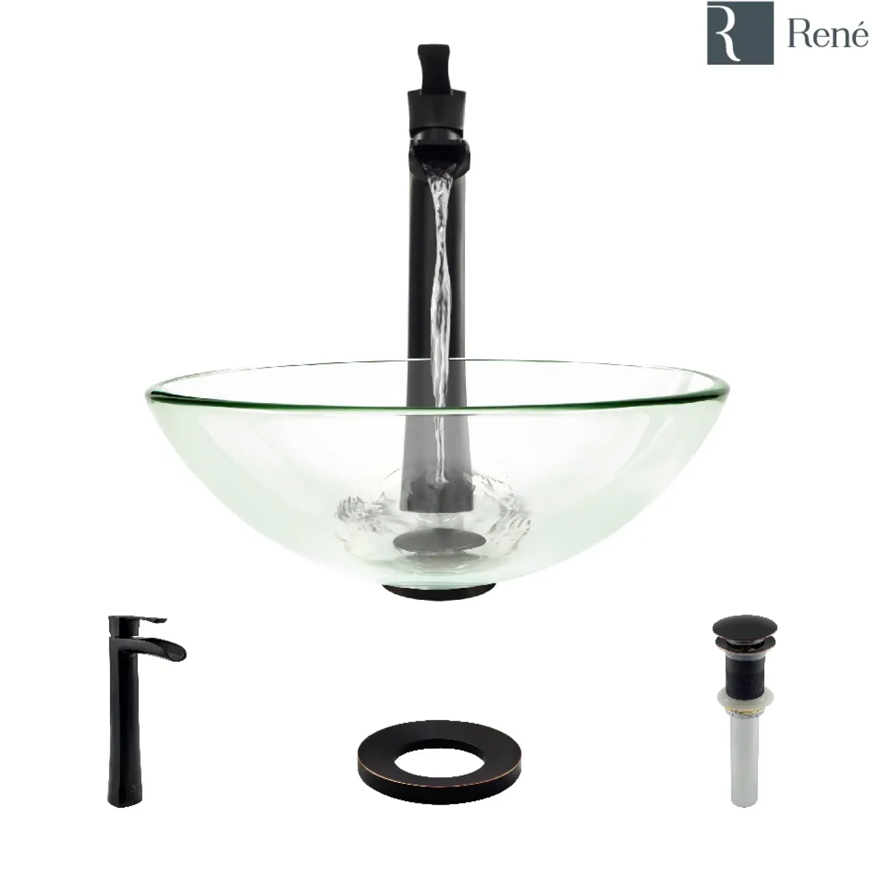 Rene 17" Round Glass Bathroom Sink, Crystal, with Faucet, R5-5001-CRY-R9-7007-ABR
