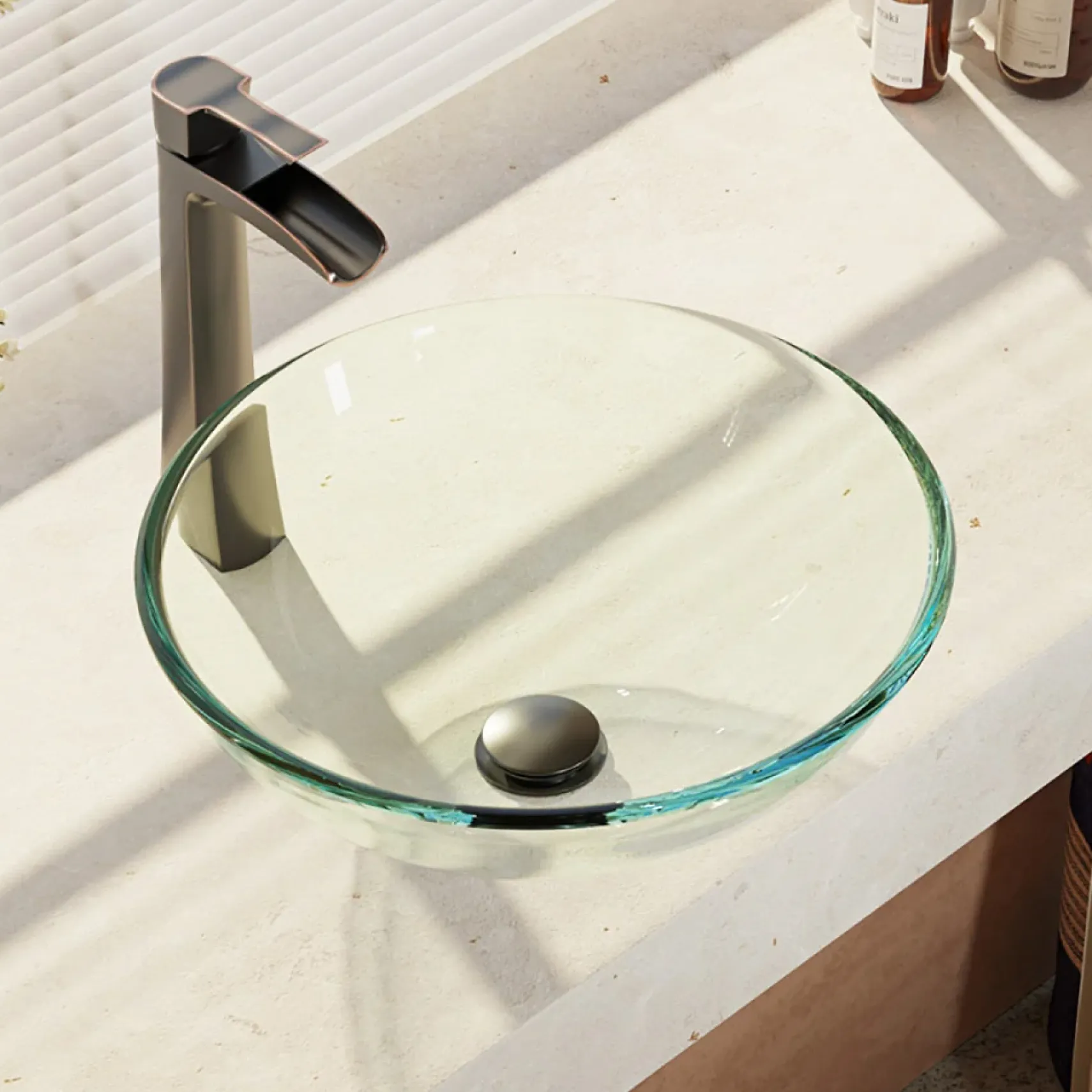 Rene 17" Round Glass Bathroom Sink, Crystal, with Faucet, R5-5001-CRY-R9-7007-ABR