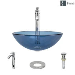 Rene 17" Round Glass Bathroom Sink, Celeste, with Faucet, R5-5001-CEL-R9-7006-C