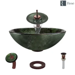 Rene 17" Round Glass Bathroom Sink, Forest Green, with Faucet, R5-5027-WF-ORB