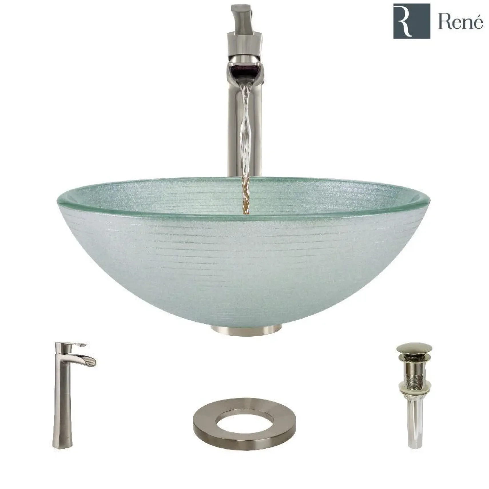 Rene 17" Round Glass Bathroom Sink, Sparkling Silver, with Faucet, R5-5034-R9-7007-BN