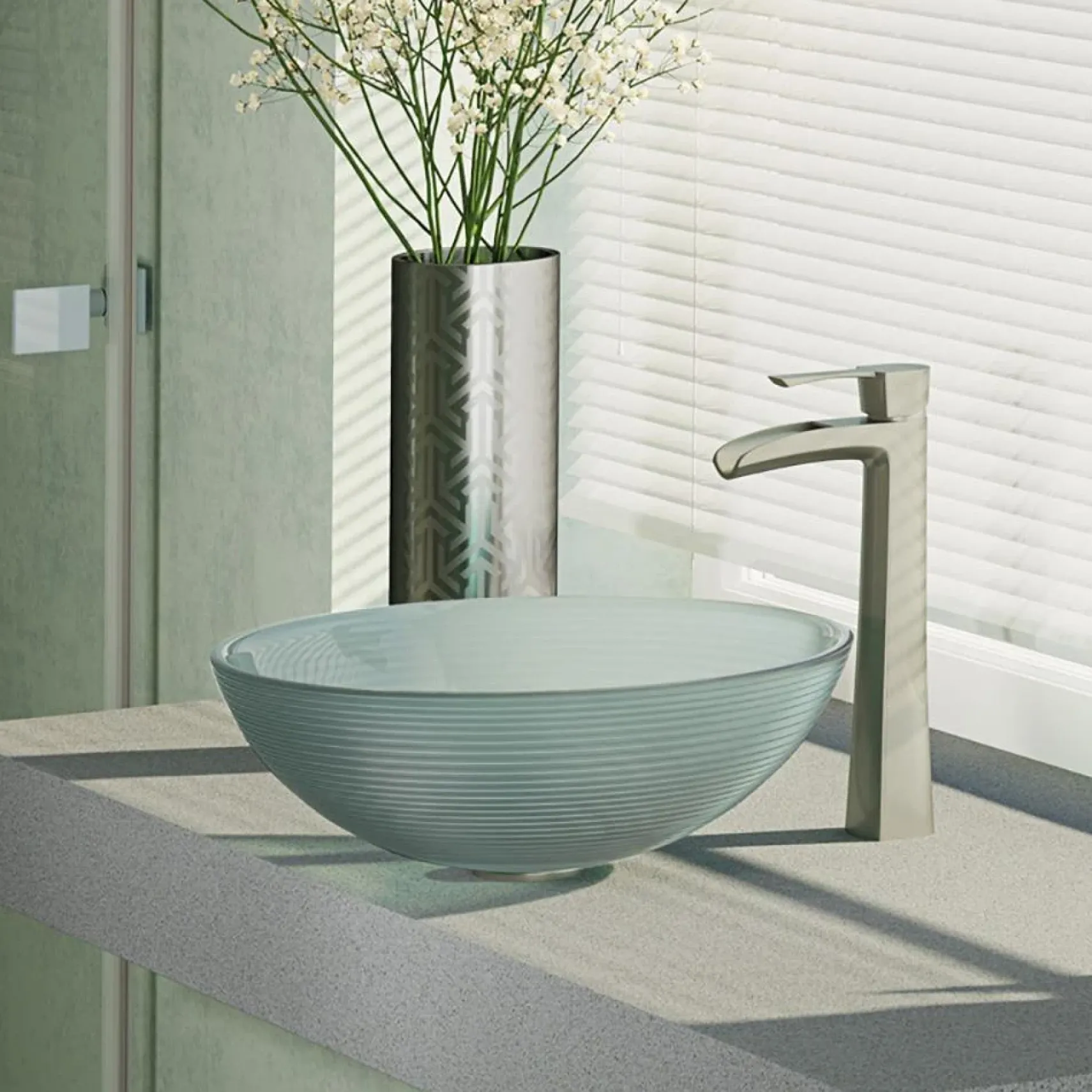 Rene 17" Round Glass Bathroom Sink, Sparkling Silver, with Faucet, R5-5034-R9-7007-BN