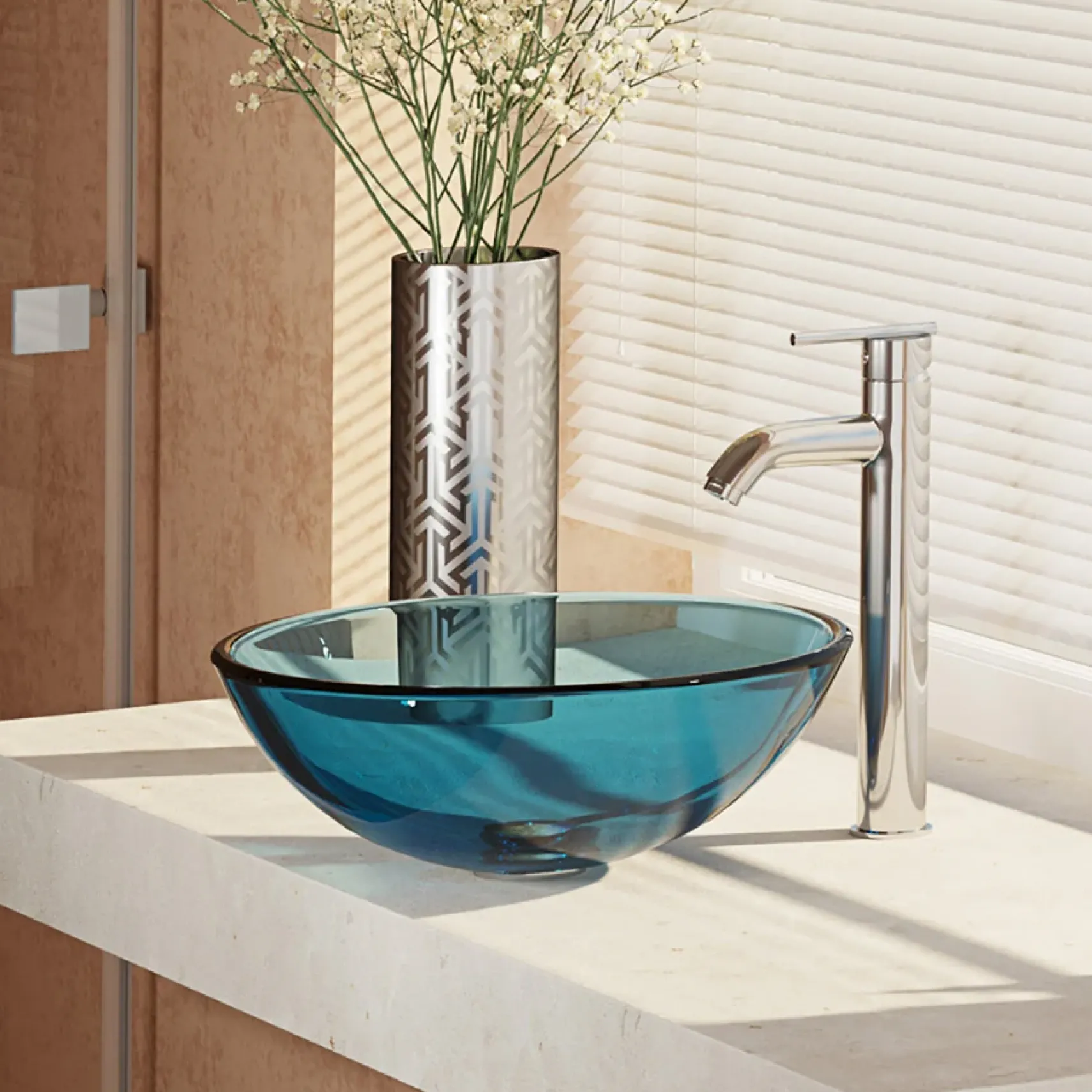 Rene 17" Round Glass Bathroom Sink, Celeste, with Faucet, R5-5001-CEL-R9-7001-C