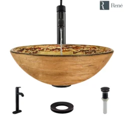 Rene 17" Round Glass Bathroom Sink, Golden and auburn, with Faucet, R5-5029-R9-7001-ABR