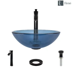 Rene 17" Round Glass Bathroom Sink, Celeste, with Faucet, R5-5001-CEL-R9-7006-ABR