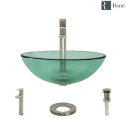 Rene 17" Round Glass Bathroom Sink, Ivy, with Faucet, R5-5001-IVY-R9-7003-BN