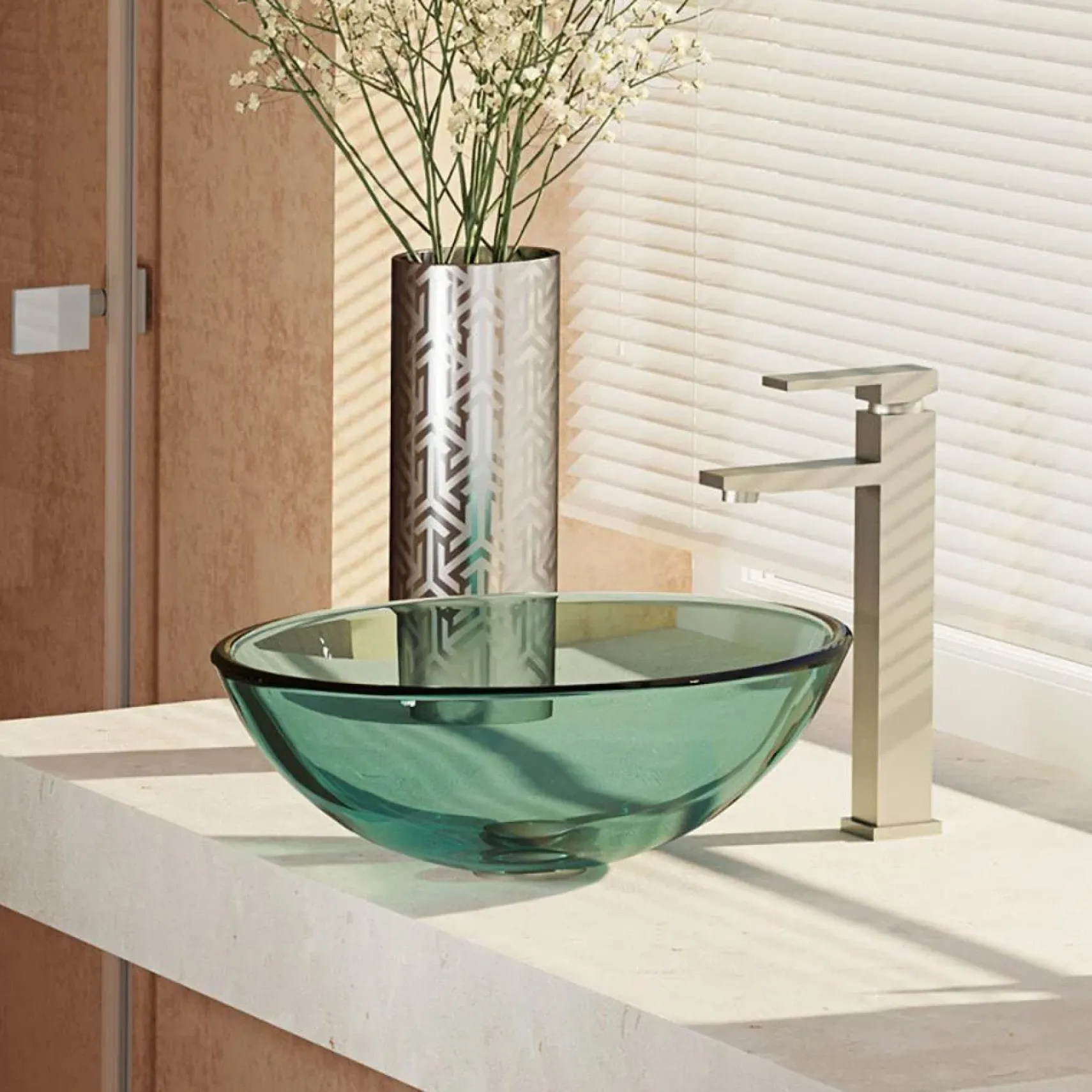Rene 17" Round Glass Bathroom Sink, Ivy, with Faucet, R5-5001-IVY-R9-7003-BN
