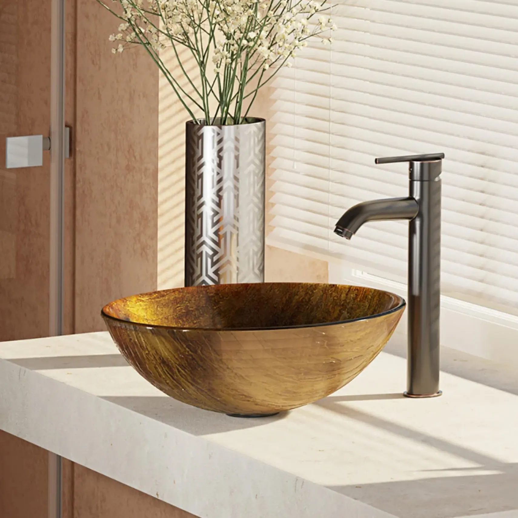 Rene 17" Round Glass Bathroom Sink, Bronze, with Faucet, R5-5030-R9-7001-ABR