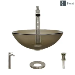 Rene 17" Round Glass Bathroom Sink, Cashmere, with Faucet, R5-5001-CAS-R9-7007-BN