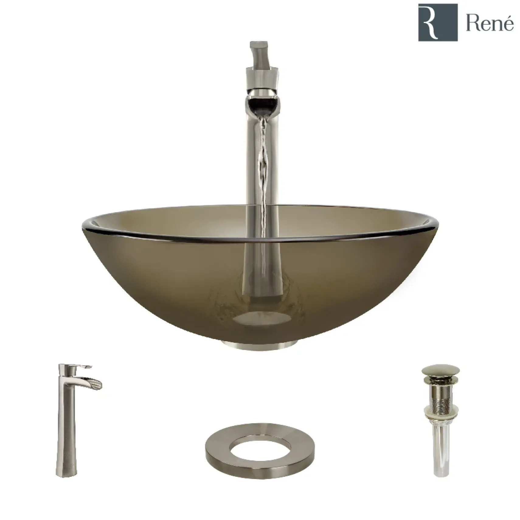 Rene 17" Round Glass Bathroom Sink, Cashmere, with Faucet, R5-5001-CAS-R9-7007-BN
