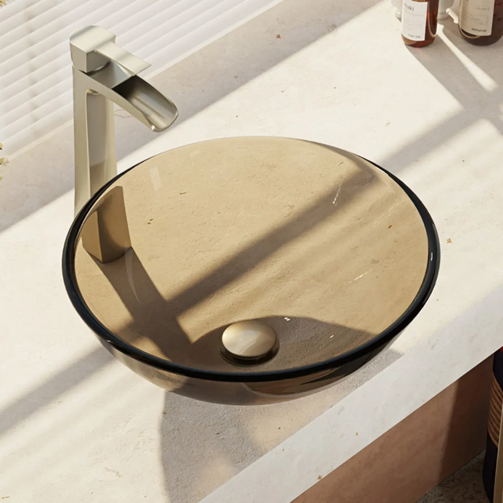 Rene 17" Round Glass Bathroom Sink, Cashmere, with Faucet, R5-5001-CAS-R9-7007-BN