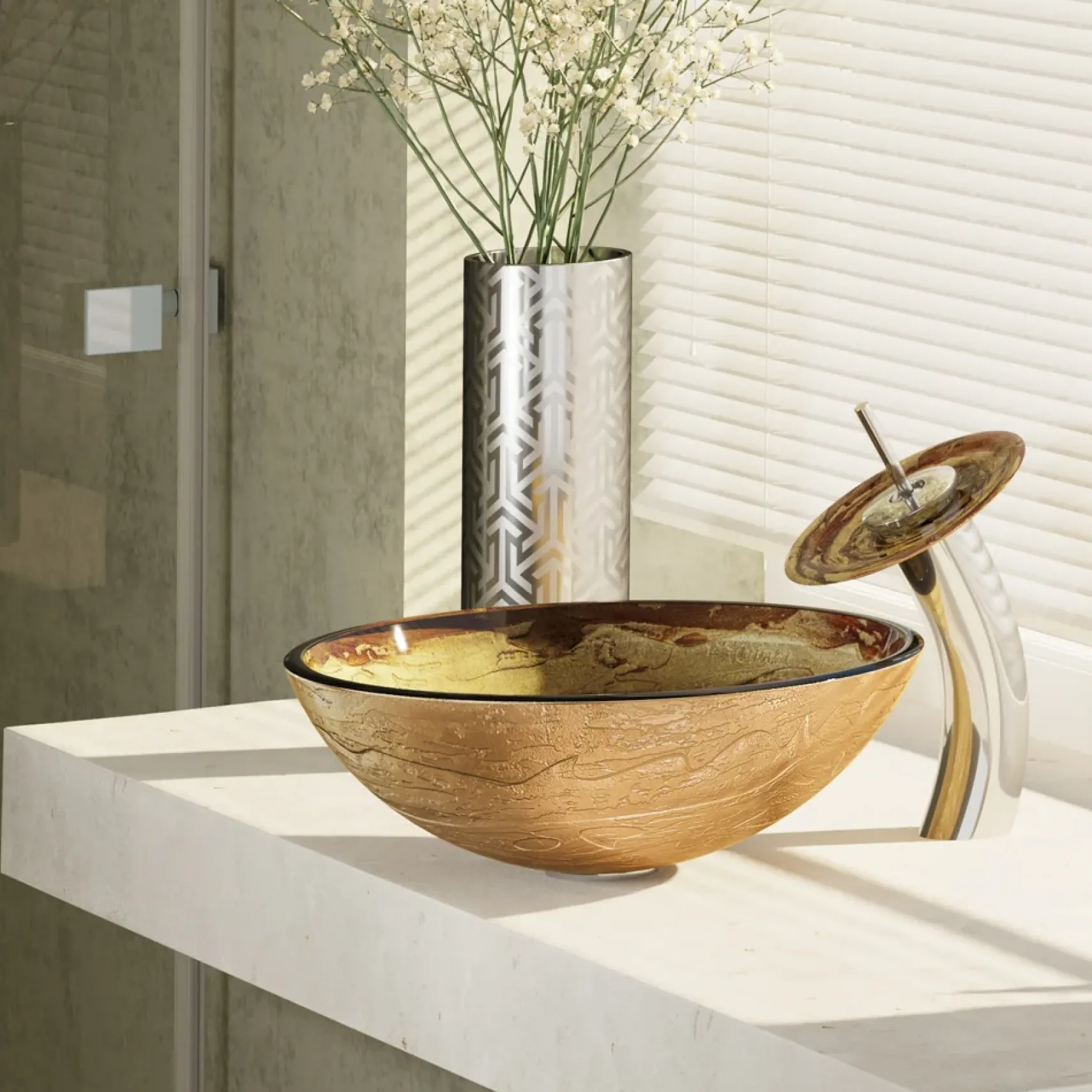 Rene 17" Round Glass Bathroom Sink, Golden and auburn, with Faucet, R5-5029-WF-C
