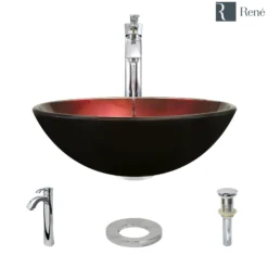 Rene 17" Round Glass Bathroom Sink, Gradient Red, with Faucet, R5-5007-R9-7006-C