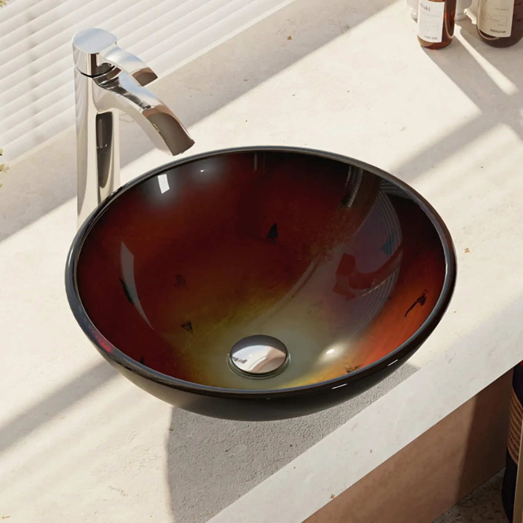 Rene 17" Round Glass Bathroom Sink, Gradient Red, with Faucet, R5-5007-R9-7006-C