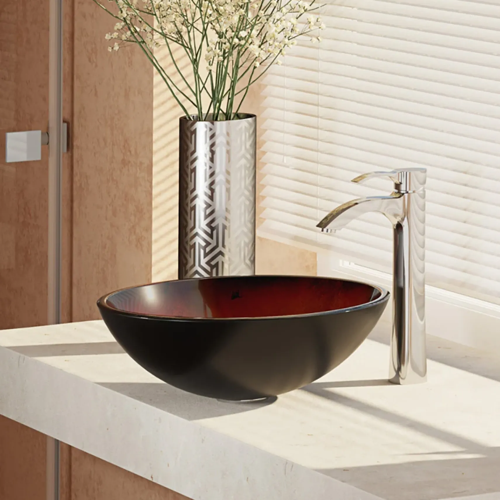 Rene 17" Round Glass Bathroom Sink, Gradient Red, with Faucet, R5-5007-R9-7006-C