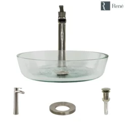 Rene 17" Round Glass Bathroom Sink, Crystal, with Faucet, R5-5024-R9-7007-BN