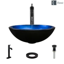 Rene 17" Round Glass Bathroom Sink, Gradient Blue, with Faucet, R5-5008-R9-7001-ABR