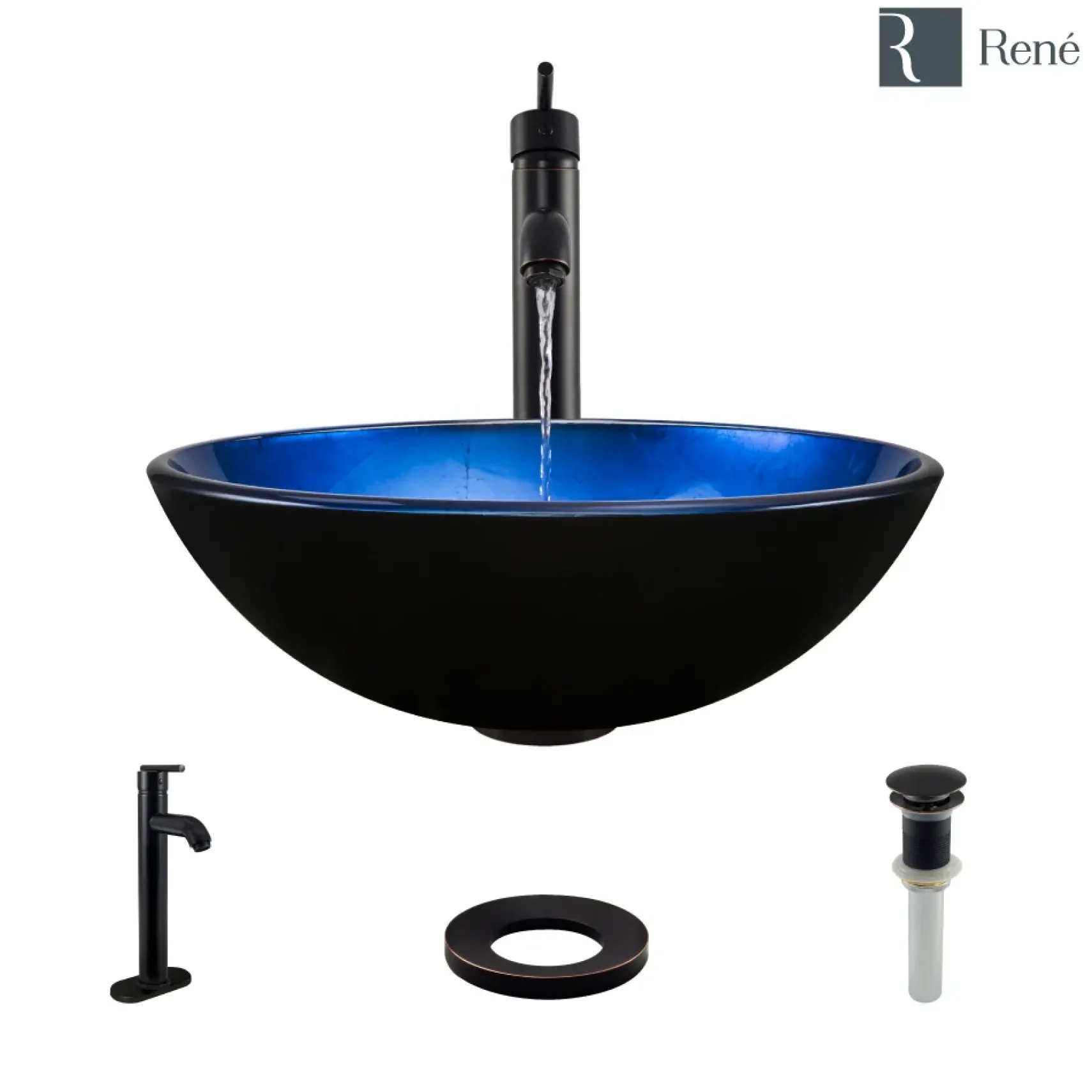 Rene 17" Round Glass Bathroom Sink, Gradient Blue, with Faucet, R5-5008-R9-7001-ABR