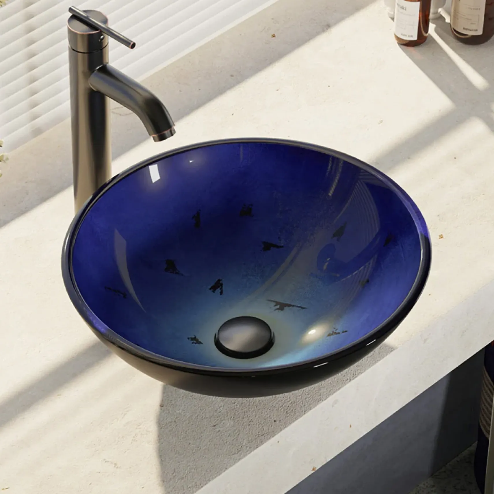 Rene 17" Round Glass Bathroom Sink, Gradient Blue, with Faucet, R5-5008-R9-7001-ABR