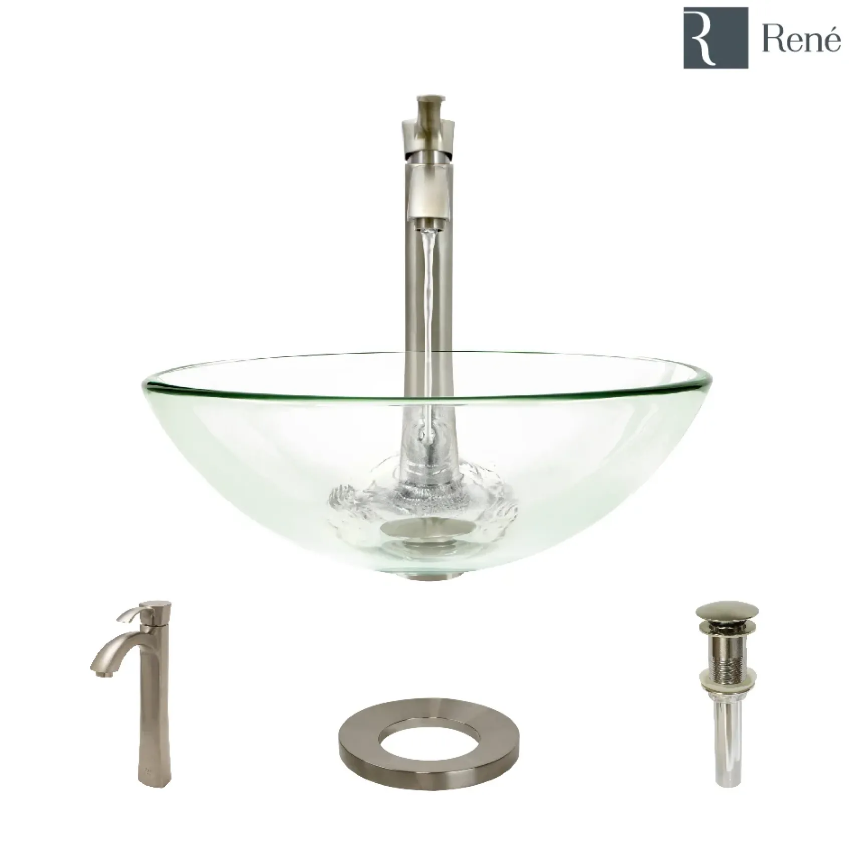 Rene 17" Round Glass Bathroom Sink, Crystal, with Faucet, R5-5001-CRY-R9-7006-BN