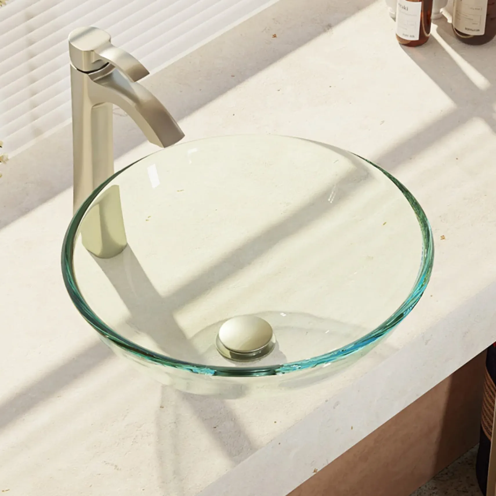 Rene 17" Round Glass Bathroom Sink, Crystal, with Faucet, R5-5001-CRY-R9-7006-BN