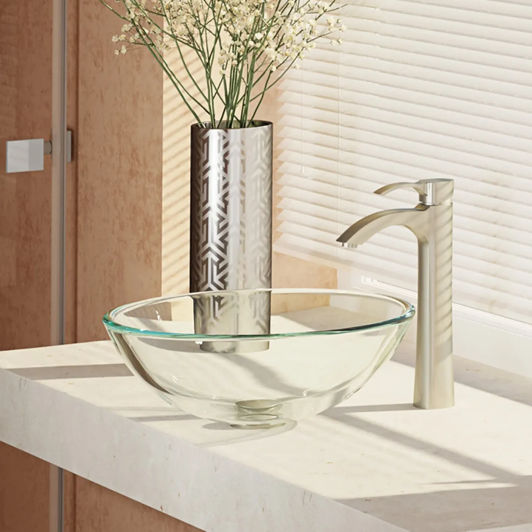 Rene 17" Round Glass Bathroom Sink, Crystal, with Faucet, R5-5001-CRY-R9-7006-BN