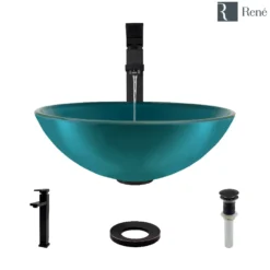 Rene 17" Round Glass Bathroom Sink, Cerulean, with Faucet, R5-5001-CER-R9-7003-ABR