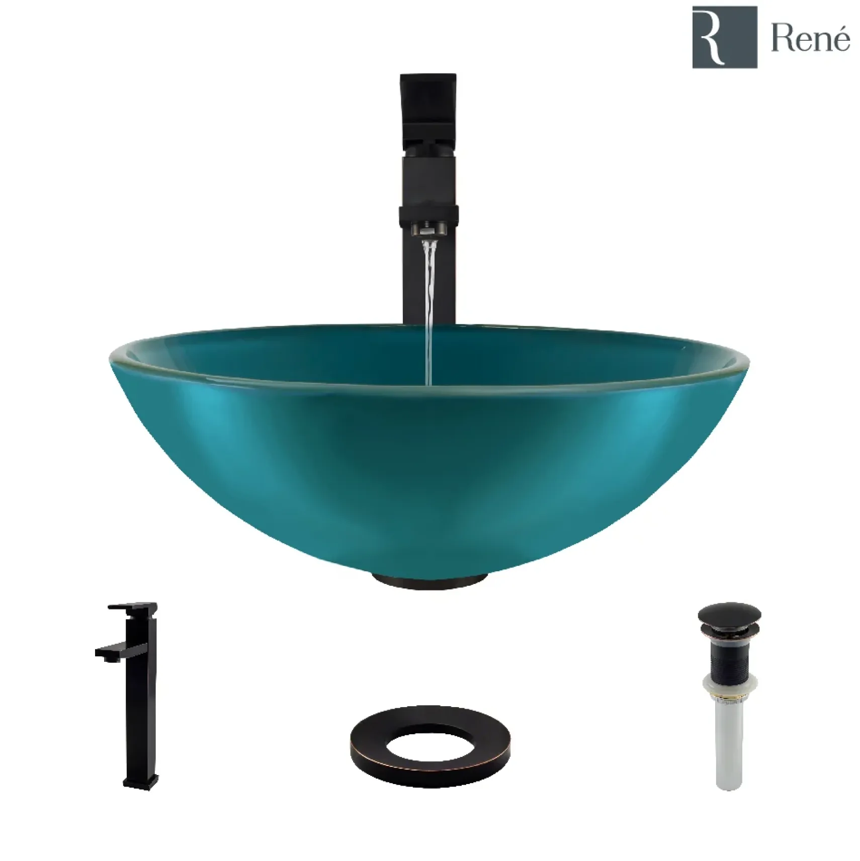 Rene 17" Round Glass Bathroom Sink, Cerulean, with Faucet, R5-5001-CER-R9-7003-ABR