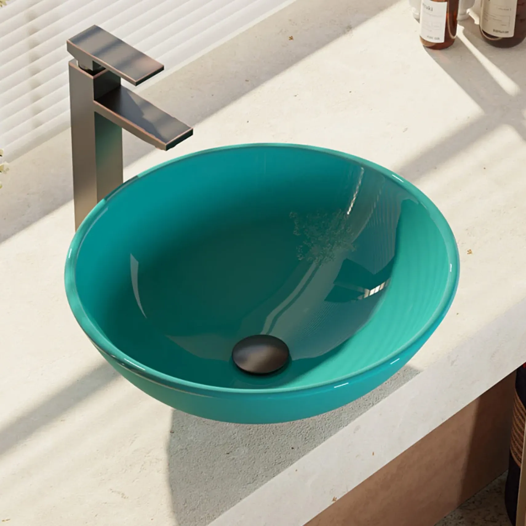 Rene 17" Round Glass Bathroom Sink, Cerulean, with Faucet, R5-5001-CER-R9-7003-ABR