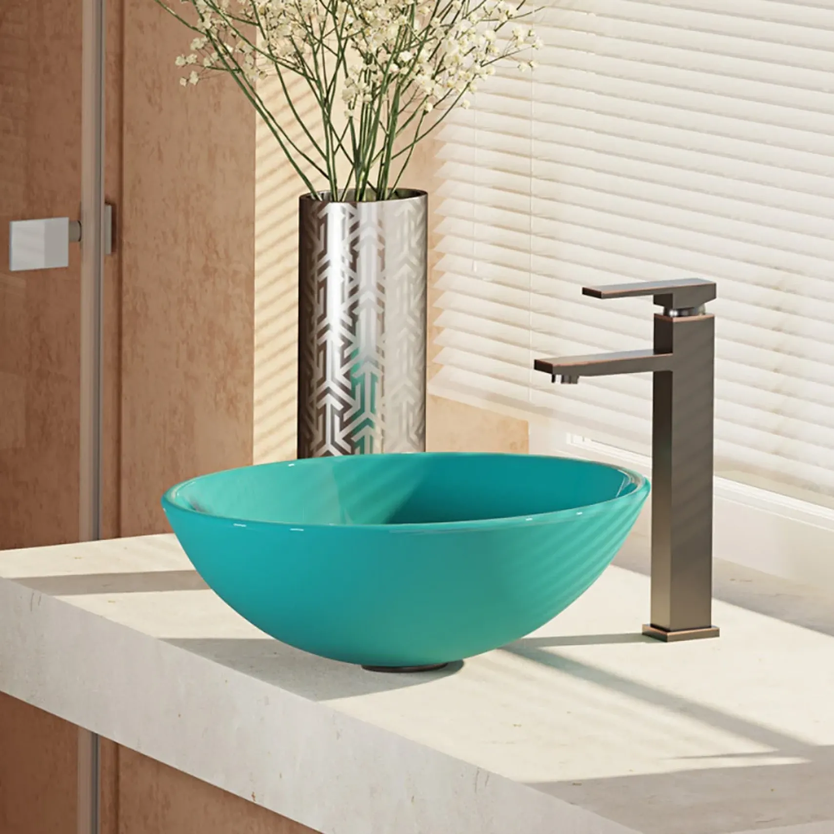 Rene 17" Round Glass Bathroom Sink, Cerulean, with Faucet, R5-5001-CER-R9-7003-ABR