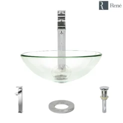 Rene 17" Round Glass Bathroom Sink, Crystal, with Faucet, R5-5001-CRY-R9-7003-C