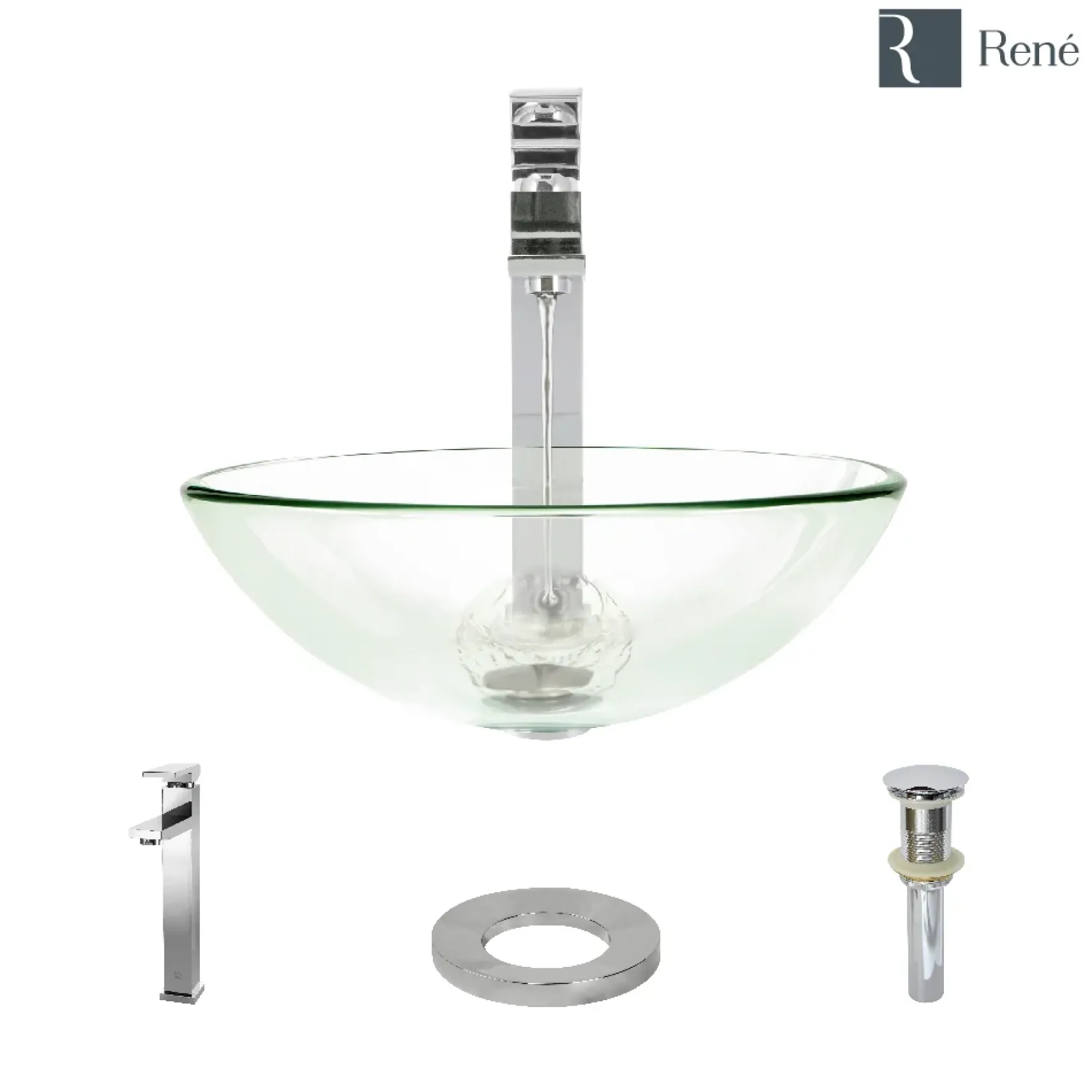 Rene 17" Round Glass Bathroom Sink, Crystal, with Faucet, R5-5001-CRY-R9-7003-C