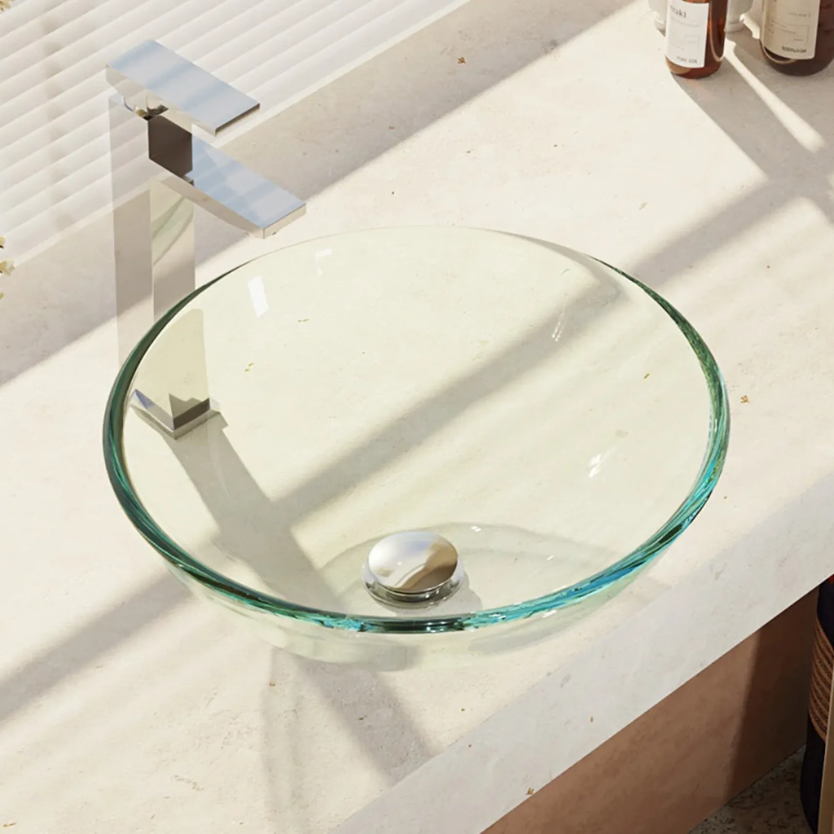 Rene 17" Round Glass Bathroom Sink, Crystal, with Faucet, R5-5001-CRY-R9-7003-C