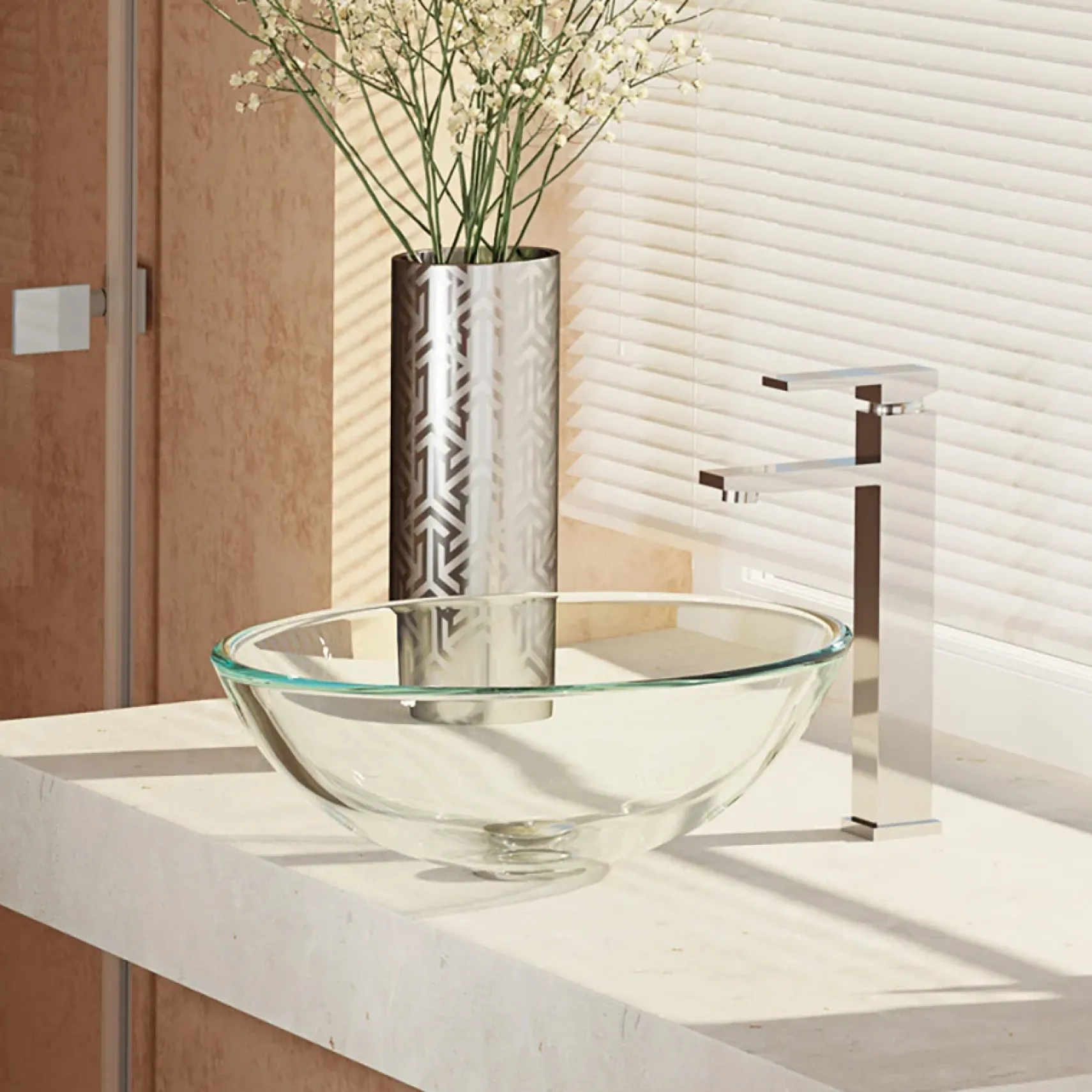 Rene 17" Round Glass Bathroom Sink, Crystal, with Faucet, R5-5001-CRY-R9-7003-C