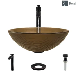 Rene 17" Round Glass Bathroom Sink, Beach Sand, with Faucet, R5-5025-R9-7006-ABR