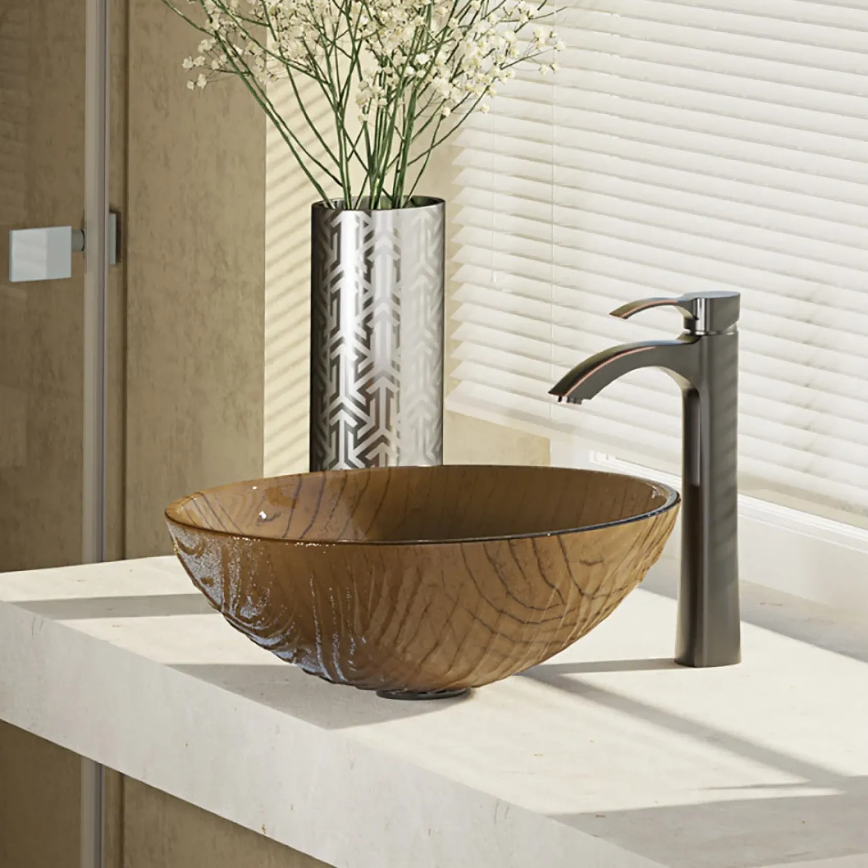 Rene 17" Round Glass Bathroom Sink, Beach Sand, with Faucet, R5-5025-R9-7006-ABR