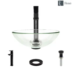 Rene 17" Round Glass Bathroom Sink, Crystal, with Faucet, R5-5001-CRY-R9-7003-ABR