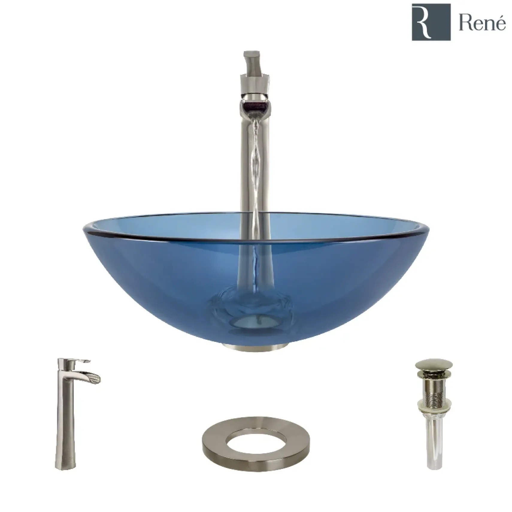 Rene 17" Round Glass Bathroom Sink, Celeste, with Faucet, R5-5001-CEL-R9-7007-BN