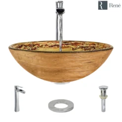 Rene 17" Round Glass Bathroom Sink, Golden and auburn, with Faucet, R5-5029-R9-7007-C
