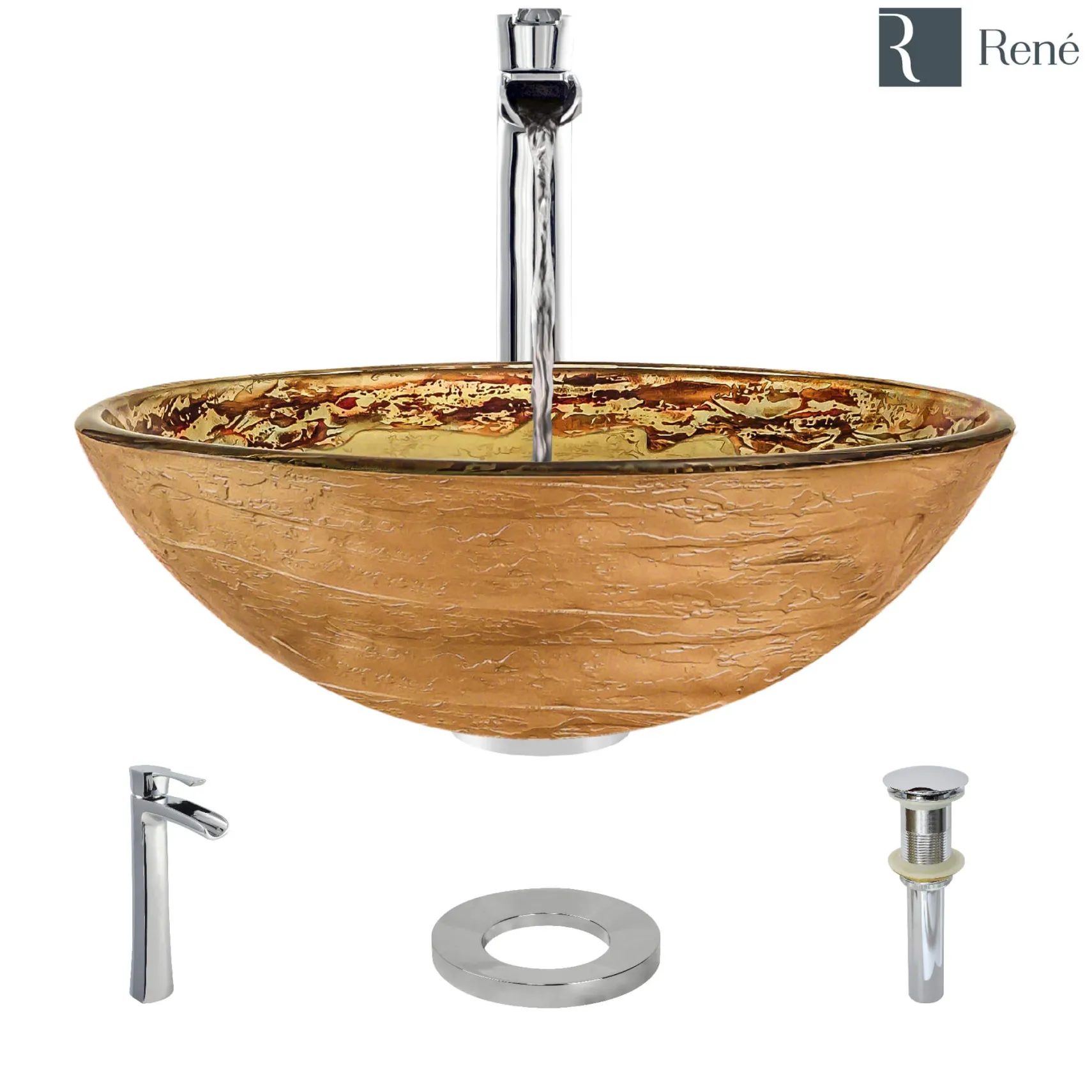 Rene 17" Round Glass Bathroom Sink, Golden and auburn, with Faucet, R5-5029-R9-7007-C
