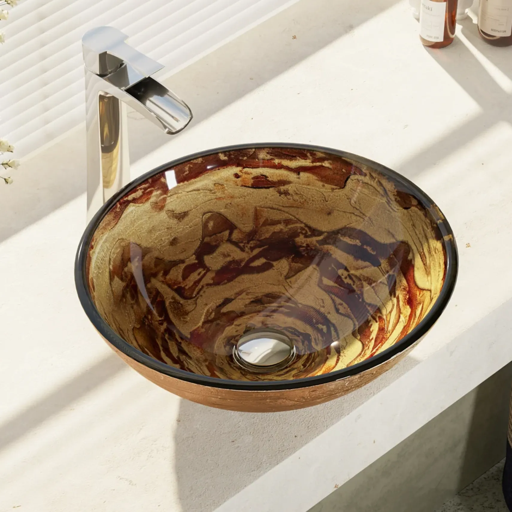 Rene 17" Round Glass Bathroom Sink, Golden and auburn, with Faucet, R5-5029-R9-7007-C