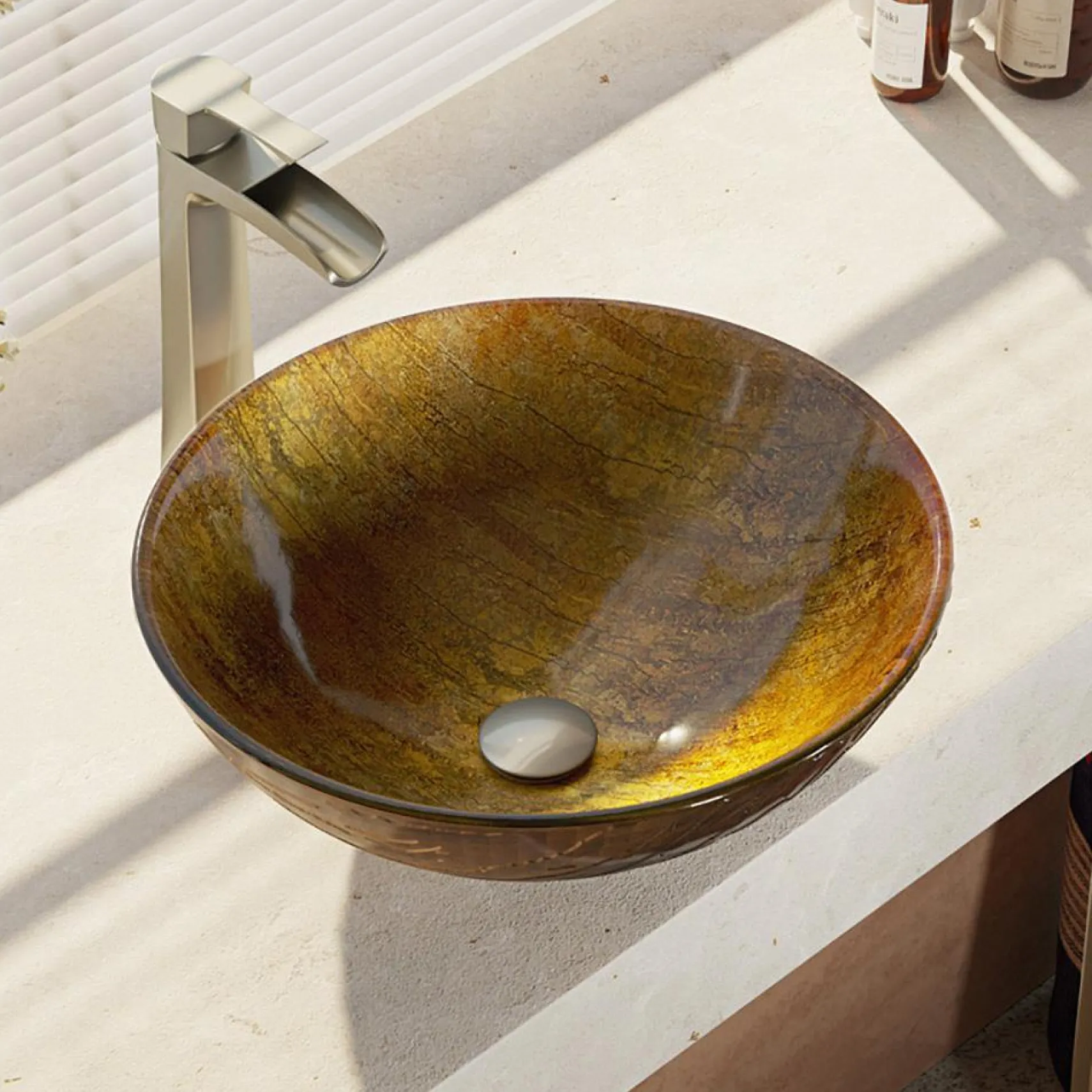 Rene 17" Round Glass Bathroom Sink, Bronze, with Faucet, R5-5030-R9-7007-BN