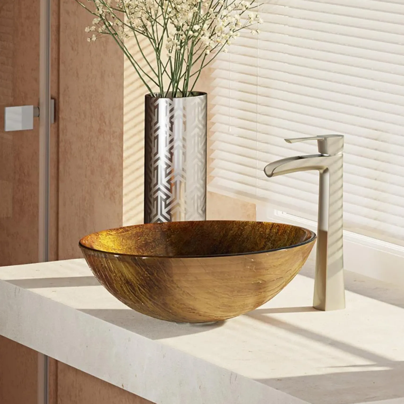 Rene 17" Round Glass Bathroom Sink, Bronze, with Faucet, R5-5030-R9-7007-BN