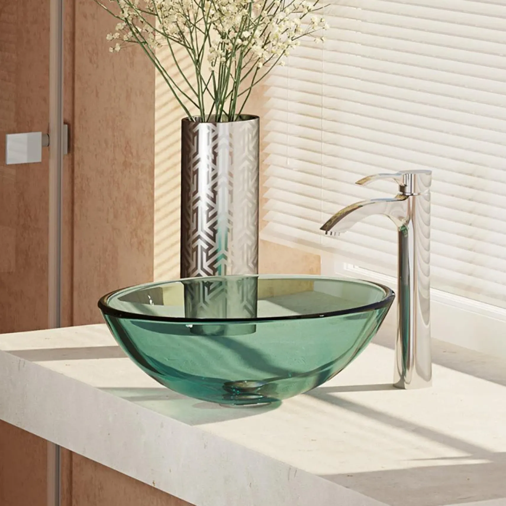 Rene 17" Round Glass Bathroom Sink, Ivy, with Faucet, R5-5001-IVY-R9-7006-C