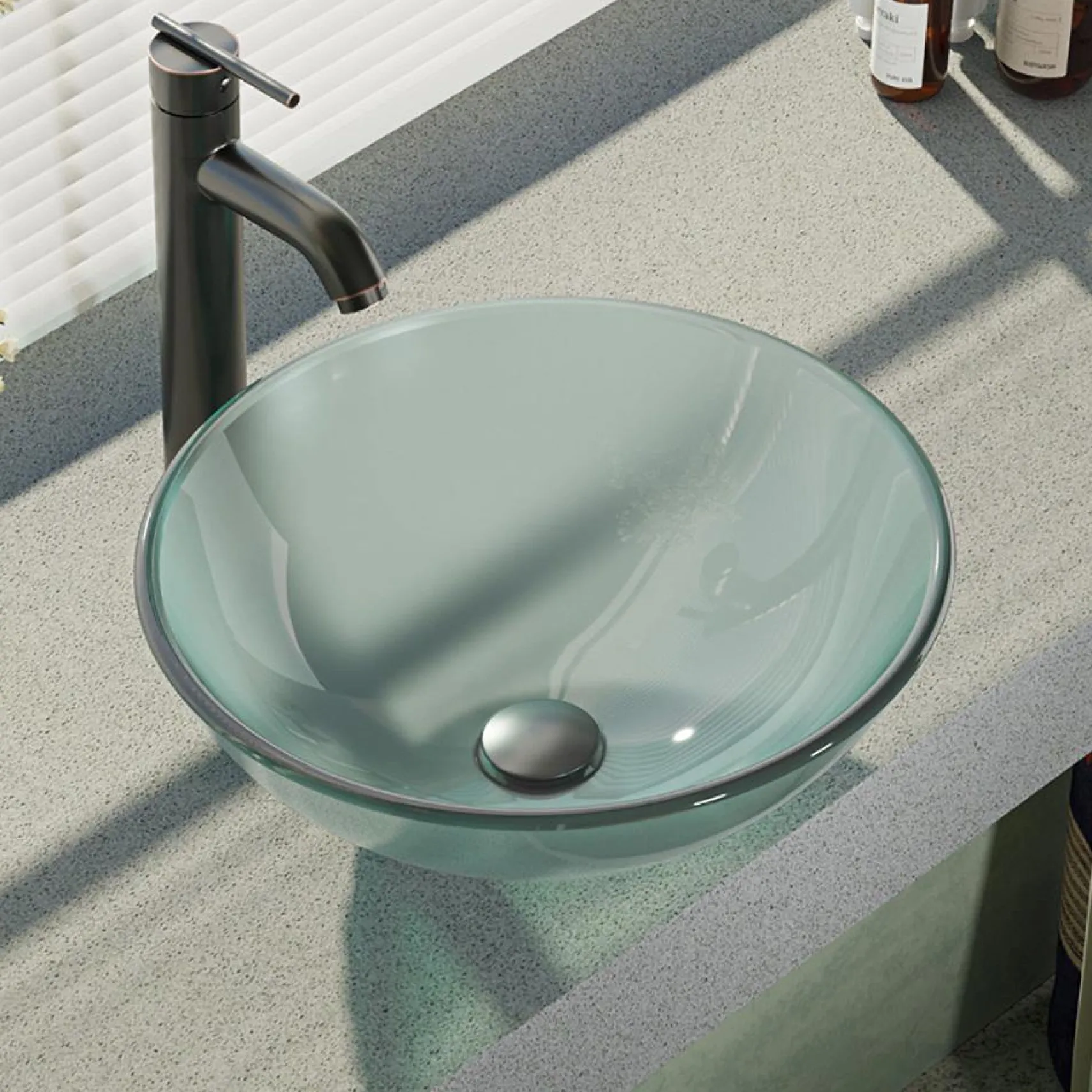Rene 17" Round Glass Bathroom Sink, Frosted, with Faucet, R5-5002-R9-7001-ABR