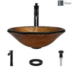 Rene 18" Round Glass Bathroom Sink, Orange Gold Foil, with Faucet, R5-5013-R9-7006-ABR
