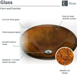 Rene 18" Round Glass Bathroom Sink, Orange Gold Foil, with Faucet, R5-5013-R9-7006-ABR