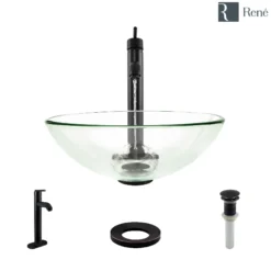 Rene 17" Round Glass Bathroom Sink, Crystal, with Faucet, R5-5001-CRY-R9-7001-ABR