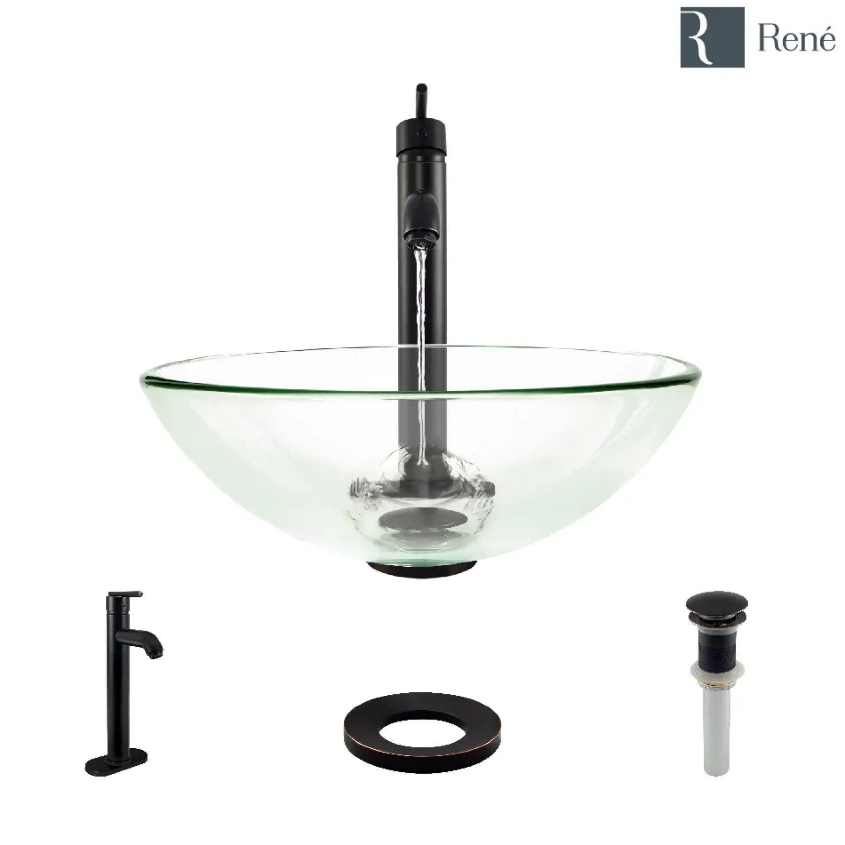 Rene 17" Round Glass Bathroom Sink, Crystal, with Faucet, R5-5001-CRY-R9-7001-ABR